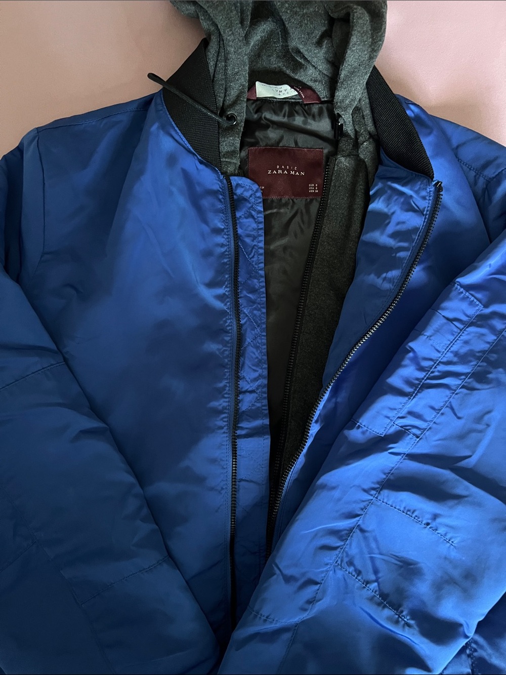Zara Royal Blue Bomber Jacket with Gray Hooded Liner